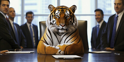 Tiger presides over a corporate meeting with executives