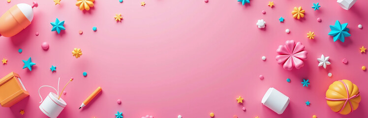 Vibrant Web Banner Features A Pink Background With Various Elements Flying Around The Inscription, Where You Can Add Your Own Message. 00002