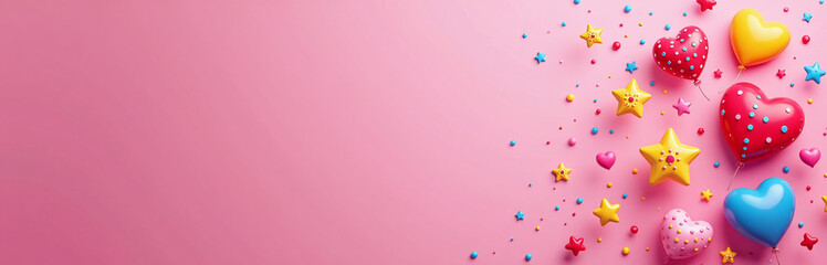 Vibrant Web Banner Features A Pink Background With Various Elements Flying Around The Inscription, Where You Can Add Your Own Message. 00001