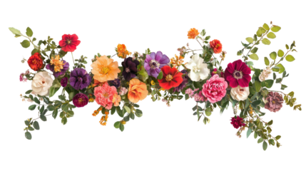 A vibrant arrangement of assorted flowers in various colors and shapes, perfect for decorative purposes on a white isolated background.