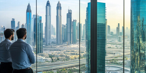 Fototapeta na wymiar Businessmen observing Dubai skyline from office window