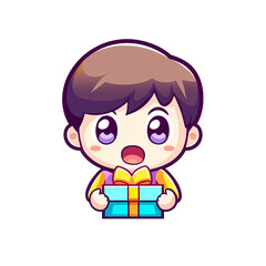 Celebrating a surprise birthday with a child holding a gift cartoon style festive atmosphere cheerful perspective