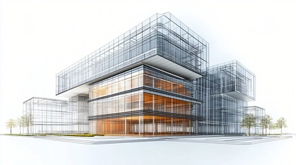 Modern glass building architectural design rendering.
