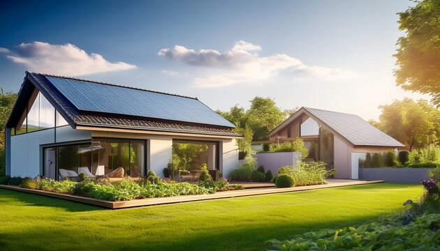 maison ecologique avec jardin dans une banlieue moderne lors d une journee ensoleillee concept ecologique