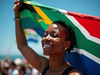 Happy Woman Holding South African Flag Outdoors