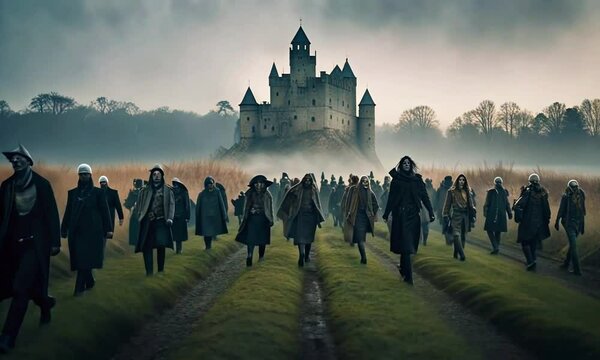 Zombies march slowly landscape toward a dilapidated castle, while eerie fog creeps edges of the frame. astle seems abandoned, strange glowing eyes peer from behind the walls, 4k Animation Video