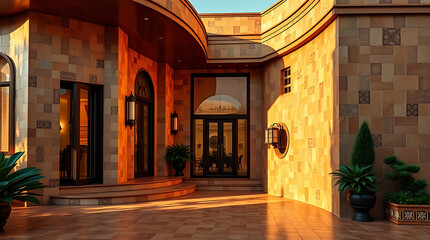 Fototapeta premium Luxury Home Exterior: Golden Hour at a Stunning Residence. A masterpiece of architectural design, showcasing elegant stonework and captivating sunset views.
