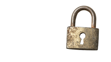 Fototapeta premium A vintage padlock with a rusty finish, symbolizing security and protection against unauthorized access, isolated on a white background.