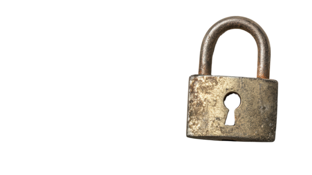 A vintage padlock with a rusty finish, symbolizing security and protection against unauthorized access, isolated on a white background.