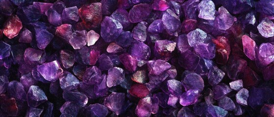 Fototapeta premium Close-up of raw amethyst crystal fragments showing deep purple hues and natural facets, with light reflecting off crystalline surfaces creating a mystical gemstone texture. Generative AI