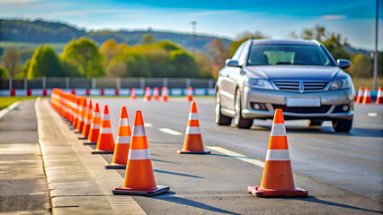 Driving School Setup on Racetrack, Training Car and Traffic Cones for Practical Driving Lessons and Skill Development