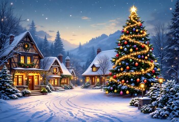 Snowy Village Christmas Scene with Illuminated Tree