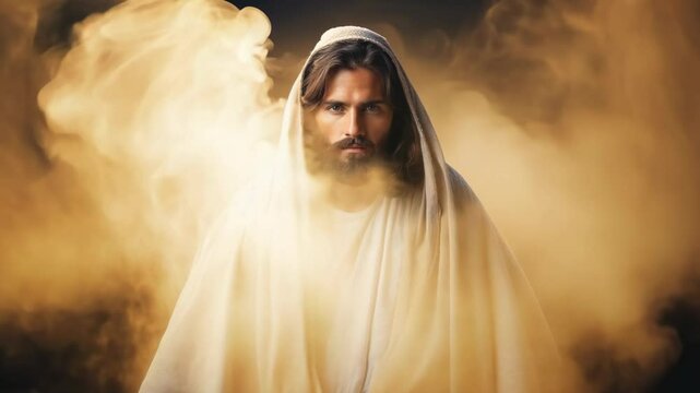 Video depiction of Jesus Christ standing against a neutral backdrop, soft divine glow, representing sacredness, compassion, serenity, forgiveness, biblical themes central to Christian beliefs.