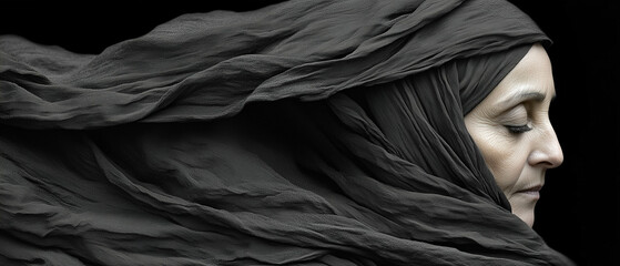 Windswept reflection of a woman wearing a flowing black veil in a serene moment of contemplation outdoors. Generative AI