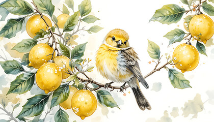 Watercolor illustration of a bird perched on a lemon branch.