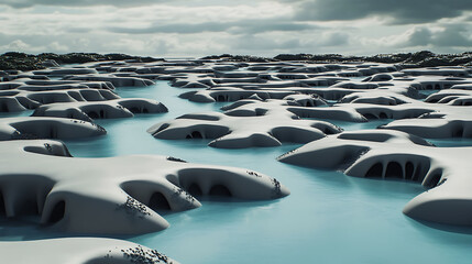 Obraz premium Abstract, surreal landscape of sculpted, icelike formations surrounding tranquil turquoise water. Ideal for science fiction, fantasy, or environmental themes. Evokes mystery and otherworldly beauty.