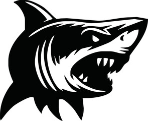 modern and simple shark silhouette logo, negative spaced shark in black color logo icon vector temple, esport wild shark logo