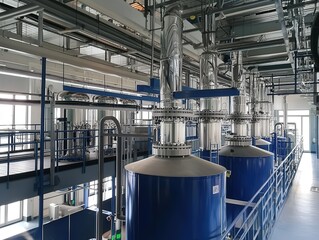 Industrial distillation setup featuring blue storage tanks and vibrant stainless steel pipes