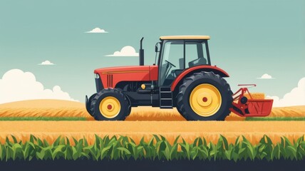 Obraz premium A red tractor is driving through a field of corn