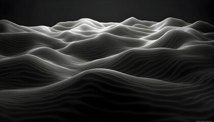 Abstract grayscale landscape image featuring undulating lines and hills creating a minimalist, calming effect.  Perfect for backgrounds or design projects.