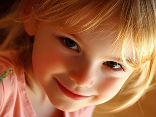 Fototapeta premium Charming girl with a radiant smile captured in warm sunlight at home