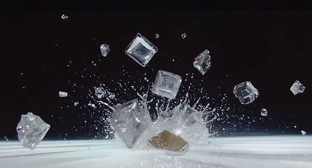 Dramatic highspeed image of ice cubes splashing into water against a black background.  Perfect for illustrating refreshment, purity, or the power of impact.