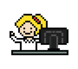 Obraz premium Cartoon cute pixel cartoon 8bit character business woman office smart work game for decoration business 8 bit female lady teacher businesswoman career smart character game 8bit png vector.