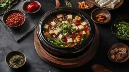 Cooking pot filled with tofu soup