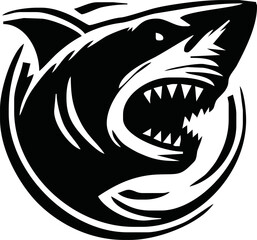 modern and simple shark silhouette logo, negative spaced shark in black color logo icon vector temple, esport wild shark logo
