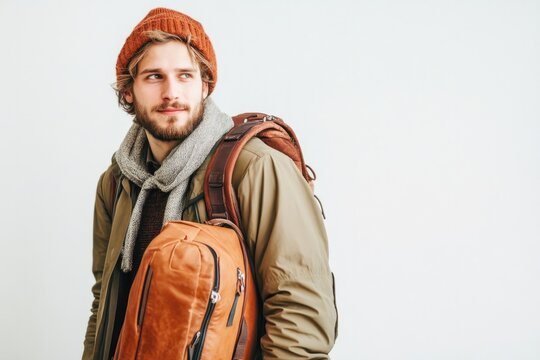 Casual traveler with stylish backpack, cozy outfit, and warm bea