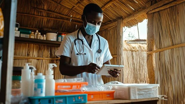 Healthcare worker in Rural Clinic: A dedicated healthcare professional wearing a mask uses a tablet while reviewing medical supplies in a simple rural clinic.