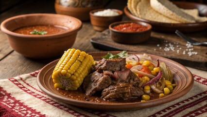 Delicious plate of grilled meat with corn and vegetables in a rustic setting
