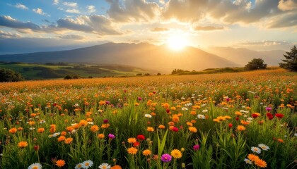 Scenic Mountain Landscape with Wildflower Meadow at Sunset