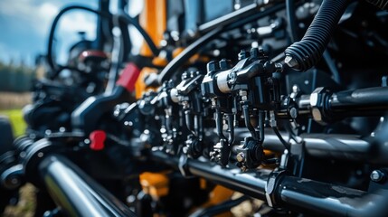 Detailed view of agricultural irrigation equipment in use on a sunny afternoon in the countryside
