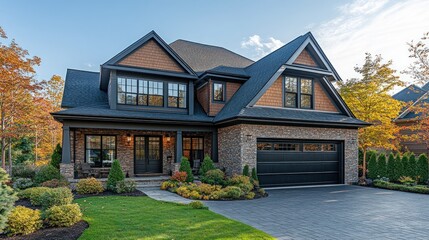 Stone house, autumn foliage, landscaped yard.