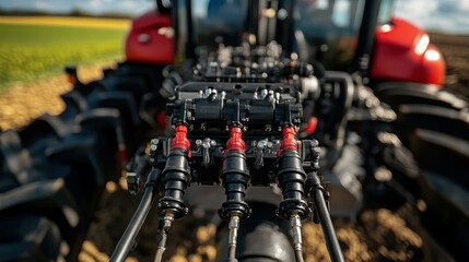 Fototapeta premium Detailed view of agricultural irrigation equipment in use on a sunny afternoon in the countryside