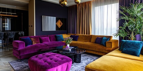 Living room with a luxurious velvet sofa in jewel tones