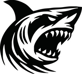 modern and simple shark silhouette logo, negative spaced shark in black color logo icon vector temple, esport wild shark logo
