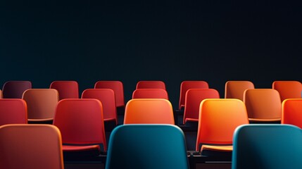 Obraz premium Seating arrangement for a dynamic event in a modern auditorium capturing colorful chairs against a dark backdrop emphasizing design and atmosphere