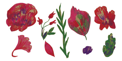 Clip art fall flowers drawn with wax crayons on white isolated background. Children's botanical collection of oil pastel illustrations. Designs for greeting cards, stickers, social media, posters.