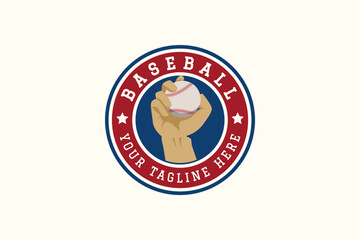 baseball logo in emblem form with a hand holding a ball in the middle. It's great for team logos, clubs, stickers, etc.