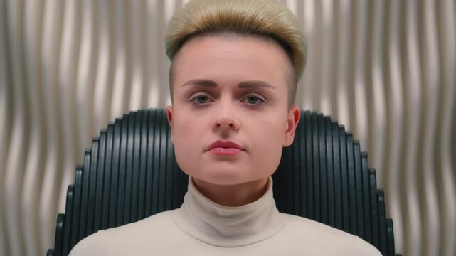 Close up portrait Caucasian stylish woman looking at camera cyber gamer girl virtual reality futuristic background serious businesswoman lady female hipster modern technologies sci-fi fashion indoors