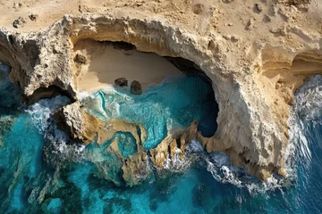 Rolgordijnen zonder boren Hidden cove with turquoise water, aerial view. Dramatic coastal rock formations meet the ocean. © Kristina