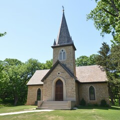Stone church stands tall amidst lush greenery on a sunny day