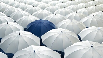 Multitude of White Umbrellas with One Blue Umbrella in View