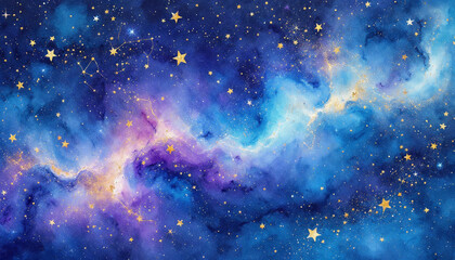 Naklejka premium Colorful galaxy illustration featuring stars and cosmic clouds in deep shades of blue and purple