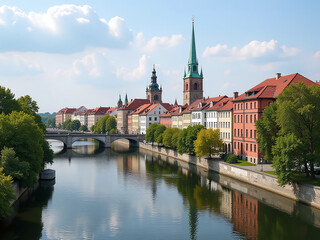 Naklejka premium The City Of Praga Is A Historic Neighborhood In Warsaw, Poland, Known For Its Beautiful Architecture And Scenic Waterfront Views. 00001