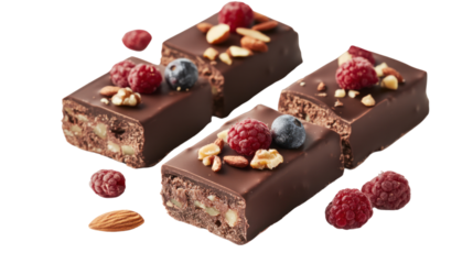 Delicious chocolate bars topped with nuts and fresh berries, showcasing a perfect blend of flavors and textures.