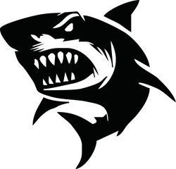 modern and simple shark silhouette logo, negative spaced shark in black color logo icon vector temple, esport wild shark logo