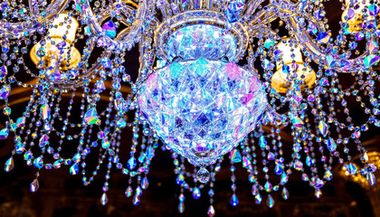 Crystal chandelier shining brightly in an elegant ballroom setting during an evening event